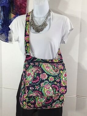 Vera Bradley Navy Floral Paisley Quilted Crossbody Pink Green plus sm mirror box